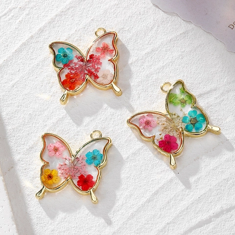 Alloy Butterfly Pendant With Natural Dried Flowers Transparent Resin Charms For DIY Necklace Earring Making Accessories Women