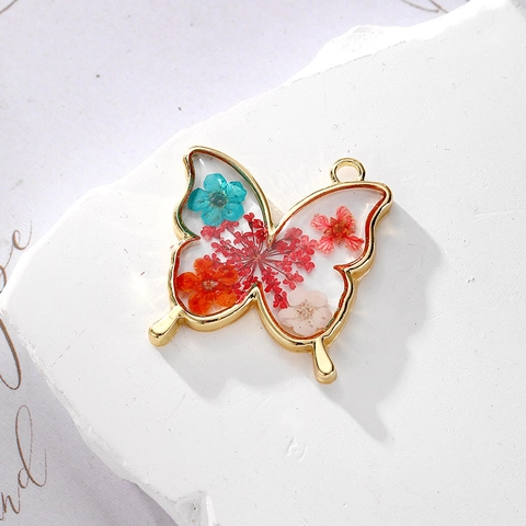 Alloy Butterfly Pendant With Natural Dried Flowers Transparent Resin Charms For DIY Necklace Earring Making Accessories Women