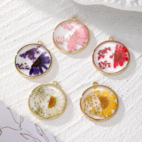 Round Alloy Border Dried Flower Daisy Resin Pendant For DIY Necklace Earrings Jewelry Making Accessory With Faux Artificial Pearl