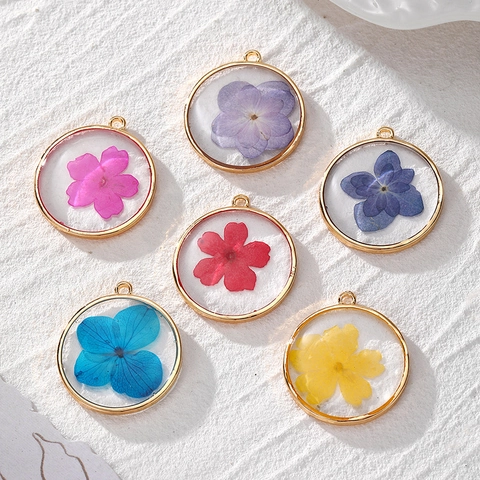 Handgemachter Runder Legierung Harz Realer Trockenblumen Anhänger Botanischer Blumen Charm Für DIY Ohrring Halskette Schmuckherstellung