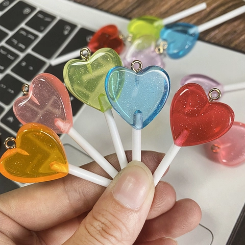 Sweet Heart Shape Lollipop Resin Pendants With Glitter For DIY Jewelry Making Keychain Earring Accessories For Women Girls Gift