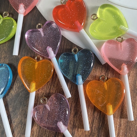 Sweet Heart Shape Lollipop Resin Pendants With Glitter For DIY Jewelry Making Keychain Earring Accessories For Women Girls Gift