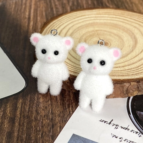 Cute White Flocking 3D Bear Animal Pendant Charm DIY Mini Plush Bear Keychain Accessory For Jewelry Making Handbag Decor