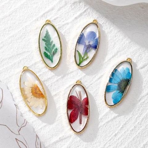 Oval Dried Flower Resin Pendant Real Plant Botanical Charm With Glitter Alloy Frame For DIY Jewelry Making Necklace Earring