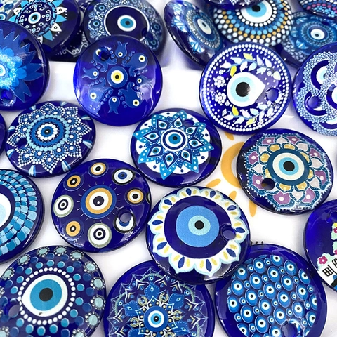 Bohemian Glass Evil Eye Pendant Round Mandala Nazar Charm For DIY Necklace Earring Making Retro Women Jewelry Accessory