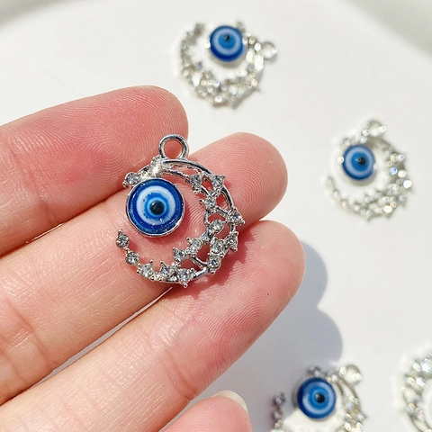 Colgante de Luna Hueca con Mal de Ojo en Aleación y Strass Charm de Ojo Azul Turco para DIY Collar Pulsera Joyería