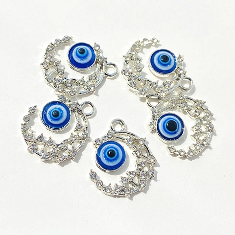 Colgante de Luna Hueca con Mal de Ojo en Aleación y Strass Charm de Ojo Azul Turco para DIY Collar Pulsera Joyería