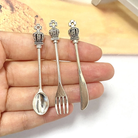 Antique Alloy Cutlery Charms Crown Top Knife Fork Spoon Pendants For DIY Jewelry Making Necklaces Earrings Accessories