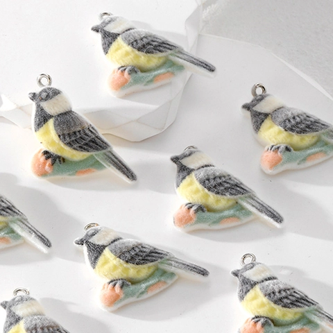 Cute Flocked Parrot Bird Animal Pendant Charms For DIY Jewelry Making Keychain Accessories Resin Bird Charms With Metal Loop