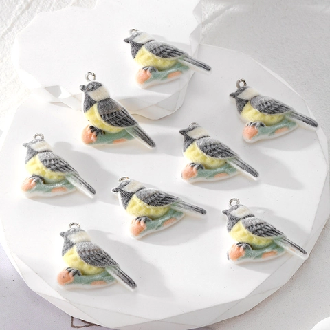 Cute Flocked Parrot Bird Animal Pendant Charms For DIY Jewelry Making Keychain Accessories Resin Bird Charms With Metal Loop