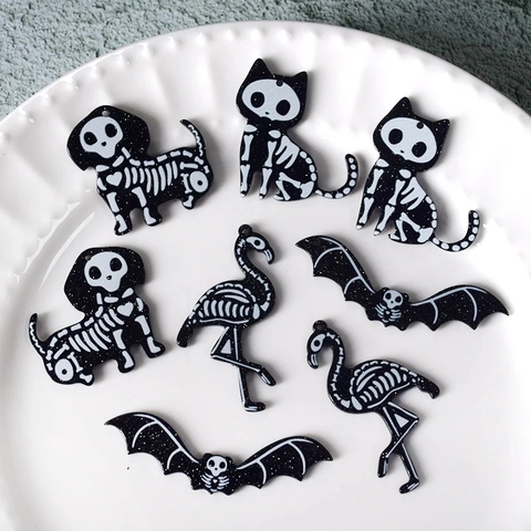Halloween Animal Skeleton Pendants Black Glitter Acrylic Cat Dog Bat Flamingo Charms For DIY Necklace Earring Jewelry Making