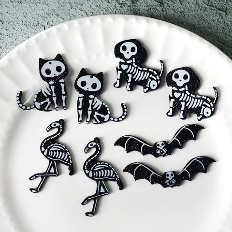 Halloween Animal Skeleton Pendants Black Glitter Acrylic Cat Dog Bat Flamingo Charms For DIY Necklace Earring Jewelry Making
