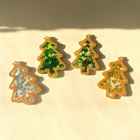 Christmas Tree Pendants Wooden Frame Acrylic Star Sequins DIY Earring Necklace Keychain Holiday Jewelry Decorative Charms