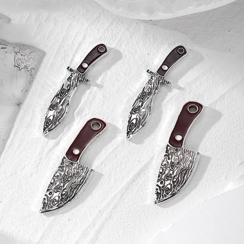 Punk Alloy Knife Dagger Pendant Damascus Pattern Reddish Brown Handle For Halloween DIY Jewelry Keychain Making Accessory