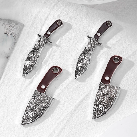 Punk Alloy Knife Dagger Pendant Damascus Pattern Reddish Brown Handle For Halloween DIY Jewelry Keychain Making Accessory