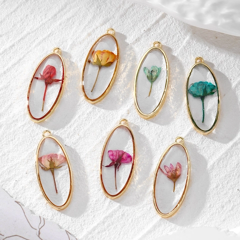 Oval Gold Alloy Frame Real Dried Flower Resin Pendant Only For DIY Jewelry Making Necklace Accessories For Women