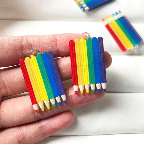 Creative Acrylic Rainbow Pencil Charms For DIY Earrings Necklace Keychain Jewelry Making Accessories Multicolor Stationery Pendant