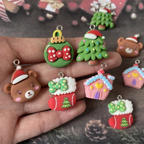 Mignons Pendentifs de Noël en Résine DIY Breloques Ours Sapin Chaussette Maison pour Boucles d'Oreilles Collier Porte-Clés Fabrication de Bijoux