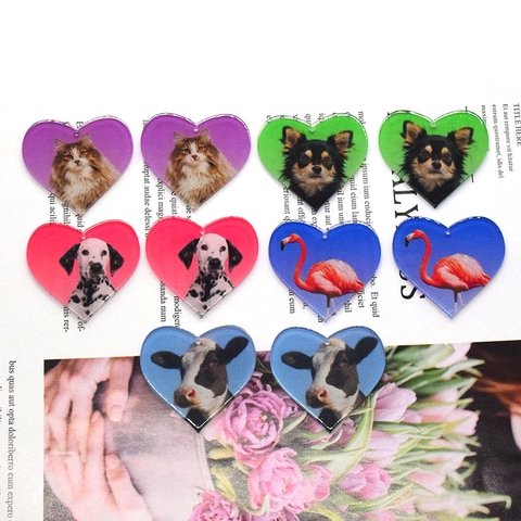 Acryl Hartvorm Dier Hanger Voor DIY Sieraden Maken Cartoon Hond Kat Flamingo Koe Print Hanger Oorbellen Sleutelhanger Accessoire