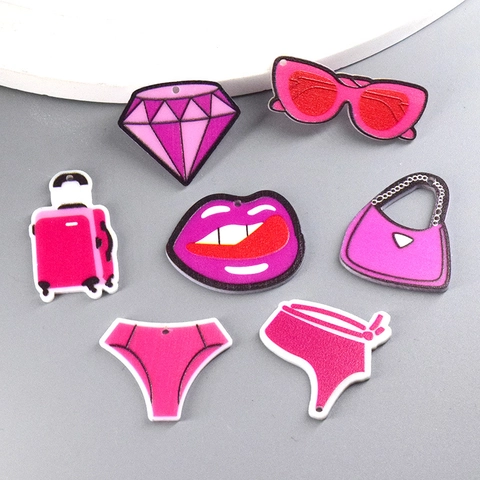 Pink Cartoon Acrylic Pendants Lip Sunglasses Handbag Bikini Diamond Suitcase DIY Jewelry Making Drip Glue Jewelry Accessories
