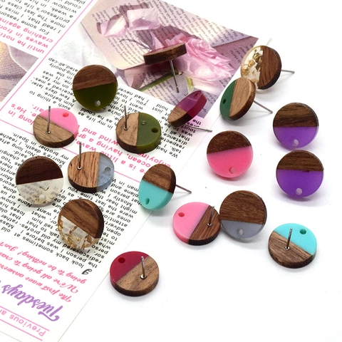 Vintage Round Wood Resin Spliced Stud Earrings Minimalist Geometric Colorful Gold Foil Earrings For Women DIY Jewelry Components