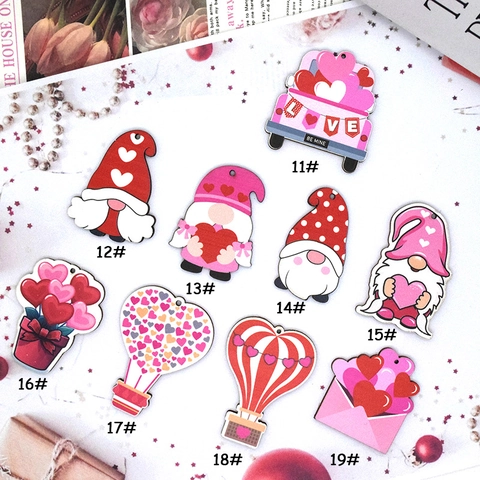 Printed Wooden Valentine's Day Pendants Gnome Heart Hot Air Balloon Charms For DIY Jewelry Making Festive Craft Accessories