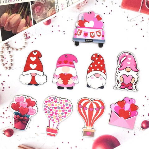 Printed Wooden Valentine's Day Pendants Gnome Heart Hot Air Balloon Charms For DIY Jewelry Making Festive Craft Accessories