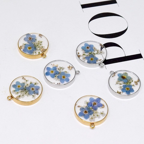 Pendentif Rond en Résine Fait Main Avec Fleurs Séchées Naturelles Feuille d'Or Cadre en Alliage pour Fabrication de Bijoux DIY Collier