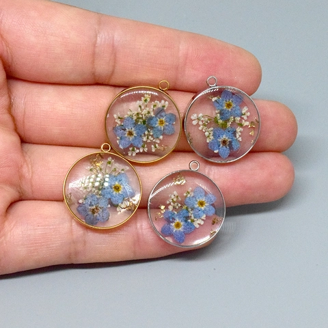 Pendentif Rond en Résine Fait Main Avec Fleurs Séchées Naturelles Feuille d'Or Cadre en Alliage pour Fabrication de Bijoux DIY Collier