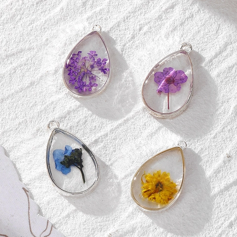 Teardrop Natural Dried Flower Resin Pendant With Alloy Border Botanical DIY Jewelry Earring Necklace Accessories