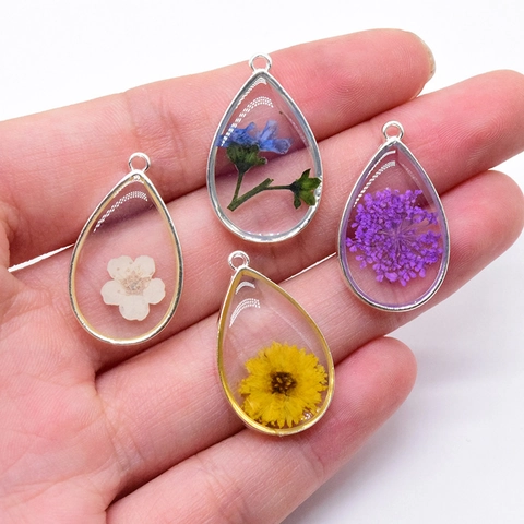 Teardrop Natural Dried Flower Resin Pendant With Alloy Border Botanical DIY Jewelry Earring Necklace Accessories