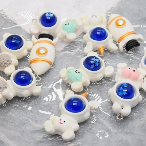 Cute Resin Starry Sky Rabbit Astronaut Rocket Charms DIY Cartoon Space Animal Pendants For Jewelry Making Keychain Accessorie