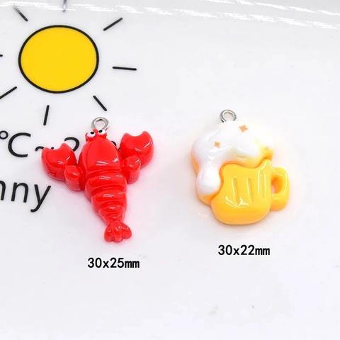 Cute Resin Lobster Beer Mug DIY Pendants Mini Food Play Charms With Metal Ring For Jewelry Making Keychain Accessory
