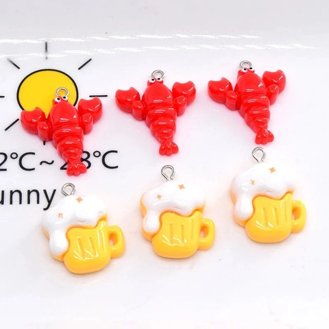 Cute Resin Lobster Beer Mug DIY Pendants Mini Food Play Charms With Metal Ring For Jewelry Making Keychain Accessory