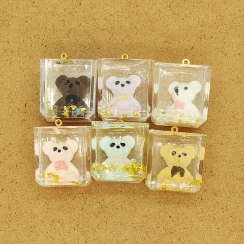 DIY Resin Bear Cuboid Pendant With Gold Foil Sequin Decoration Cute Cartoon Animal Charms For Jewelry Making Accessories