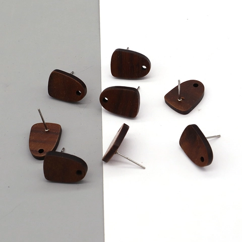 Vintage Geometric Wood Earring Post DIY Jewelry Findings With Metal Stud Base Dark Brown Natural Wood Earring Components