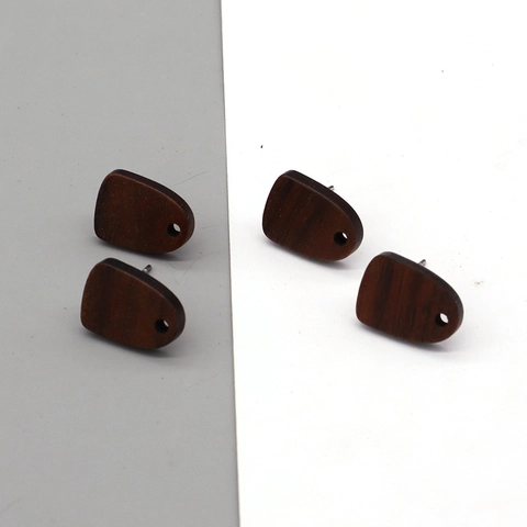 Vintage Geometric Wood Earring Post DIY Jewelry Findings With Metal Stud Base Dark Brown Natural Wood Earring Components