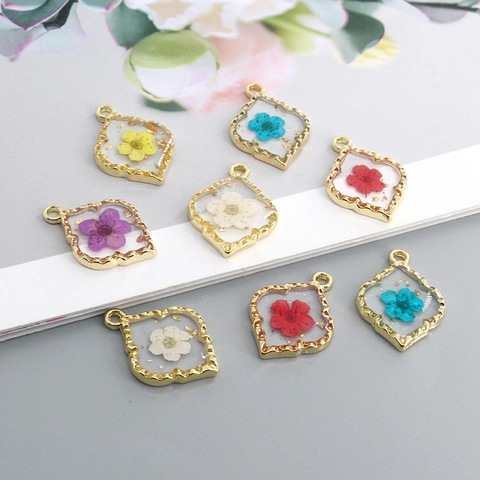 Alloy Resin Dried Flower Pendant Gold Foil Vintage Floral Charm For DIY Jewelry Making Necklace Earrings Women Accessories