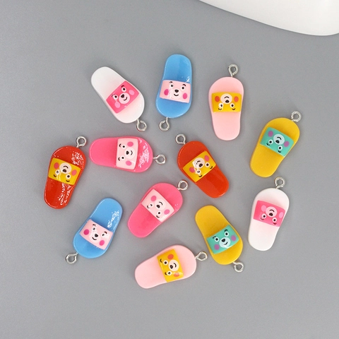Cartoon Bear Slipper Resin Pendants Miniature Shoe Charms With Metal Ring For DIY Jewelry Making Earring Necklace Keychain