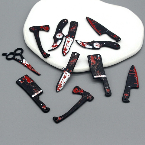 Halloween Horror Weapon Pendants With Blood Splatter Plastic Resin Acrylic Cleaver Axe Dagger DIY Jewelry Making Accessories
