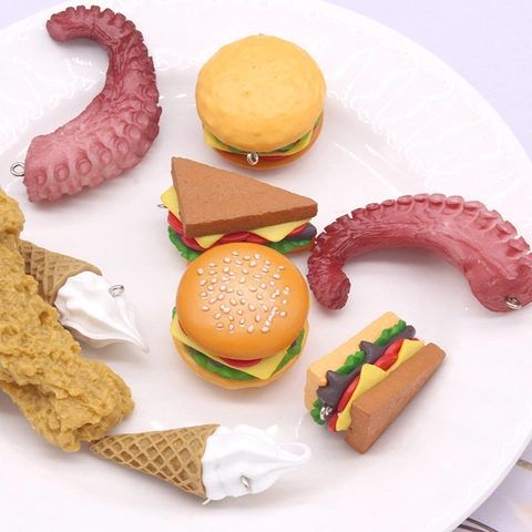 Simulation Food PVC Resin Pendants Burger French Fries Chicken Drumstick Ice Cream Sandwich DIY Keychain Jewelry Accessories