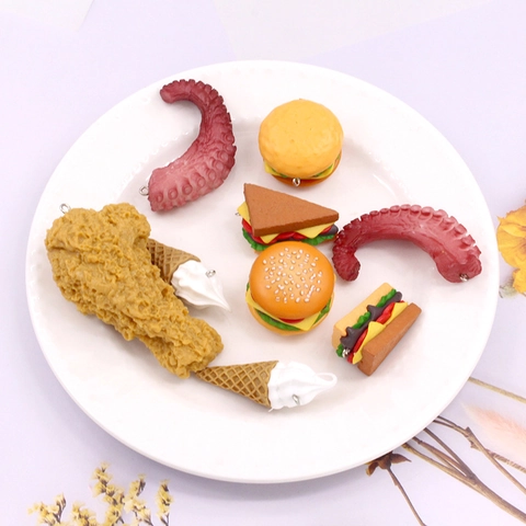 Simulation Food PVC Resin Pendants Burger French Fries Chicken Drumstick Ice Cream Sandwich DIY Keychain Jewelry Accessories