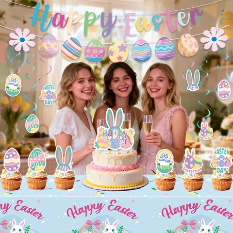 Juego de Decoraciones para Fiesta de Pascua Banner Happy Easter Conejo Espirales Colgantes Cake Toppers y Mantel Impreso