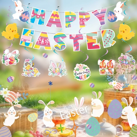Set Decorazioni per Feste di Pasqua Con Banner Happy Easter Decorazioni per Torte Riccioli Appesi Tovaglia Casa Decor