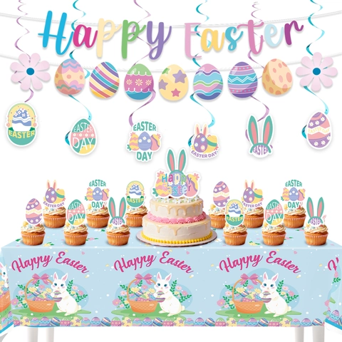 Juego de Decoraciones para Fiesta de Pascua Banner Happy Easter Conejo Espirales Colgantes Cake Toppers y Mantel Impreso