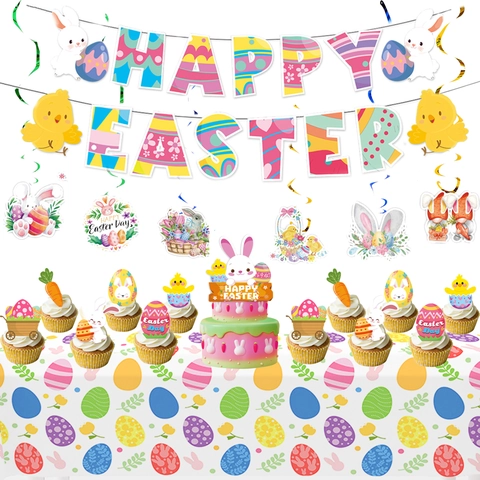 Set Decorazioni per Feste di Pasqua Con Banner Happy Easter Decorazioni per Torte Riccioli Appesi Tovaglia Casa Decor