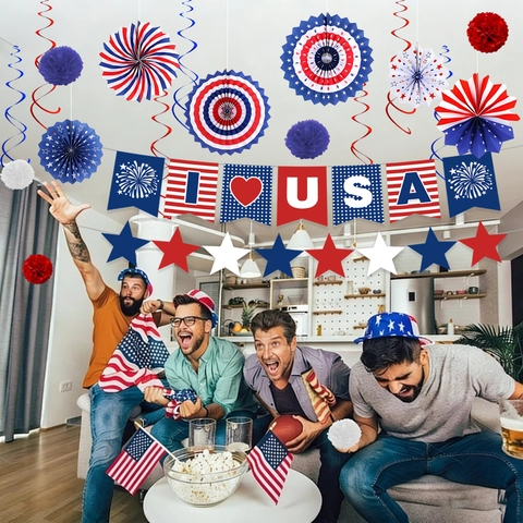 Independence Day Party Decoration Set Red White Blue Paper Fans Hanging Swirls Banner USA Patriotic Celebration Supplies