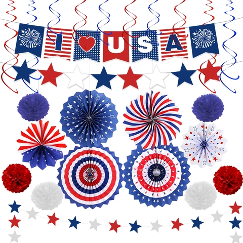Independence Day Party Decoration Set Red White Blue Paper Fans Hanging Swirls Banner USA Patriotic Celebration Supplies
