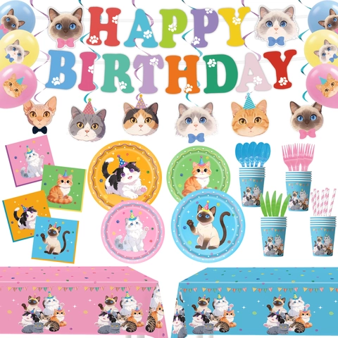 Cat Themed Birthday Party Tableware Set Disposable Paper Plates Cups Napkins Tablecloth Banner Balloons For Kids Party Decoration Supplies