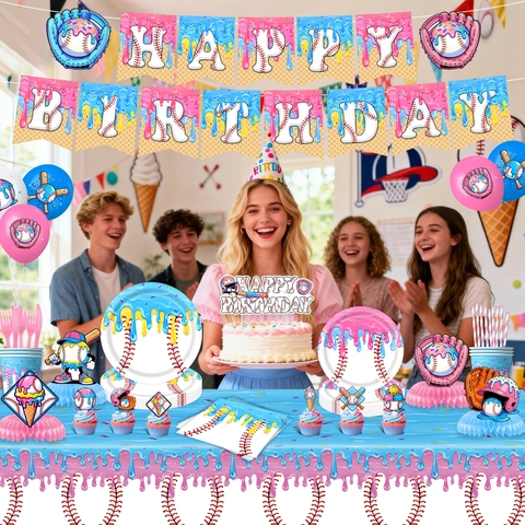 Baseball Ice Cream Theme Birthday Party Decoration Set Banner Balloons Cake Toppers Tableware Paper Plates Napkins Cups Tablecloth